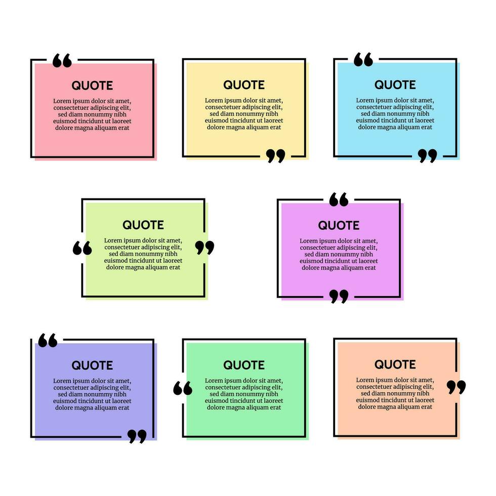 Set of eight black rectangular quote box frames on multicolour backgrounds. Vector illustration