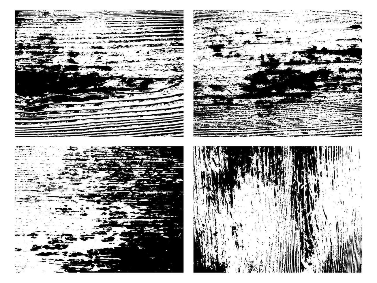 Grunge natural wood monochrome texture. Set of four abstract wooden surface overlay backgrounds in black and white. Vector illustration