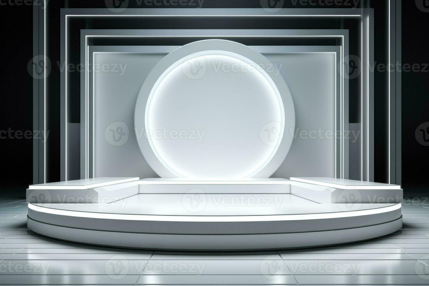 Futuristic geometric stage with white abstract light and advertisement shelf photo