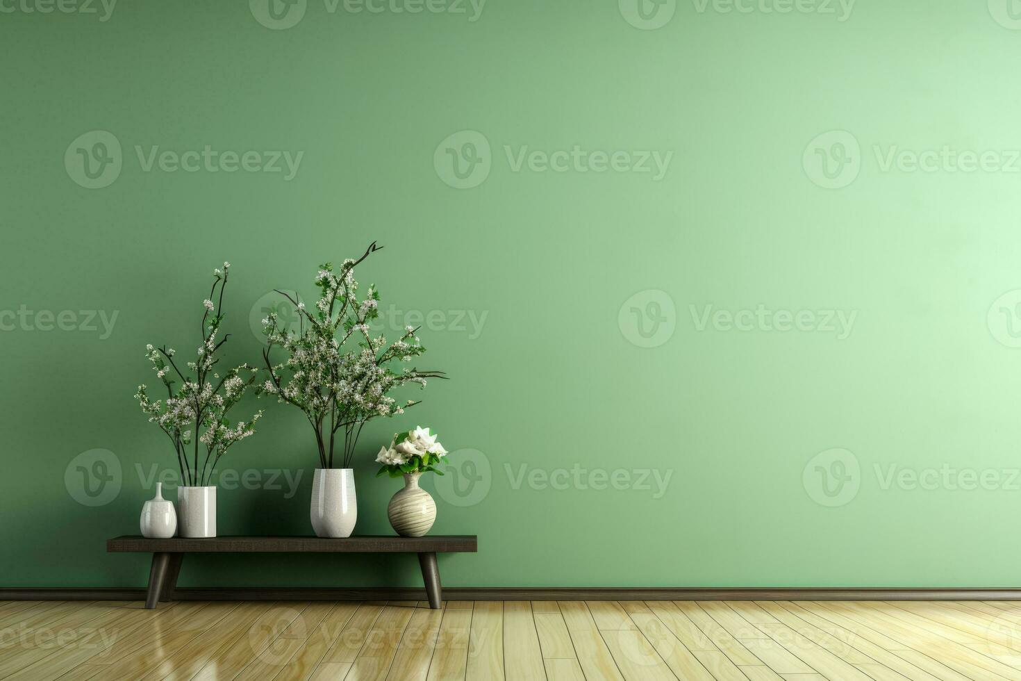 Interior room with green wall depicted in 3D rendering photo