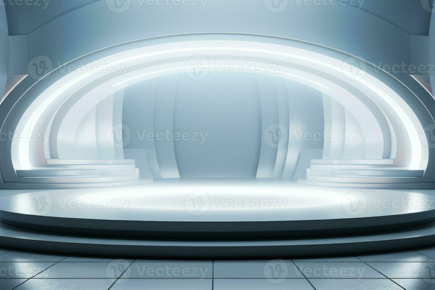 Futuristic geometric stage with white abstract light and advertisement shelf photo