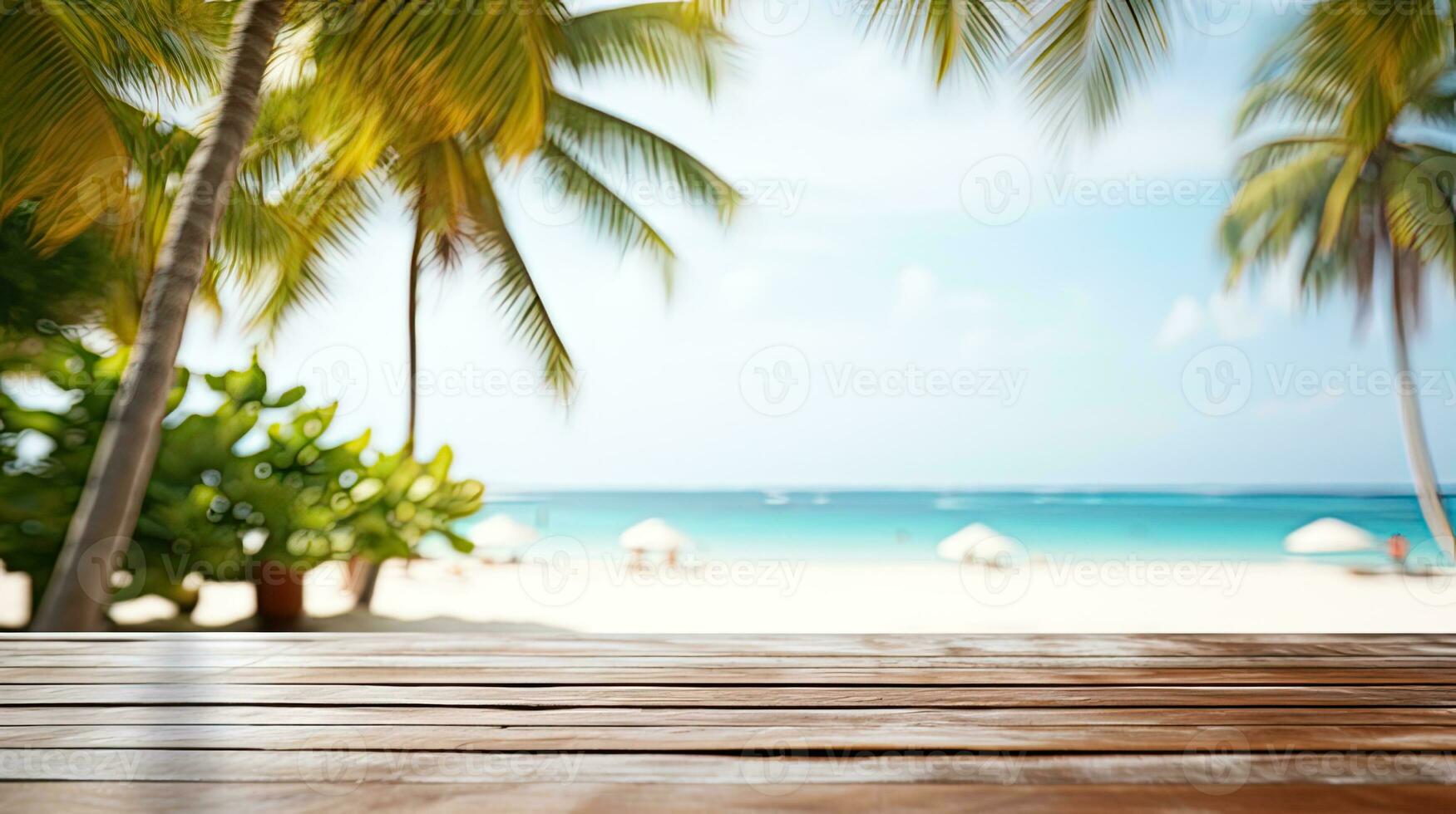 Beachfront Product Display  Wooden Table Ocean Generative AI photo