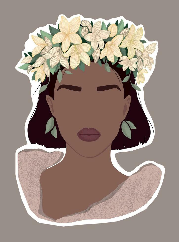 Sticker with a black woman in a wreath of yellow flowers. flat modern illustration for poster, magazine, book cover vector