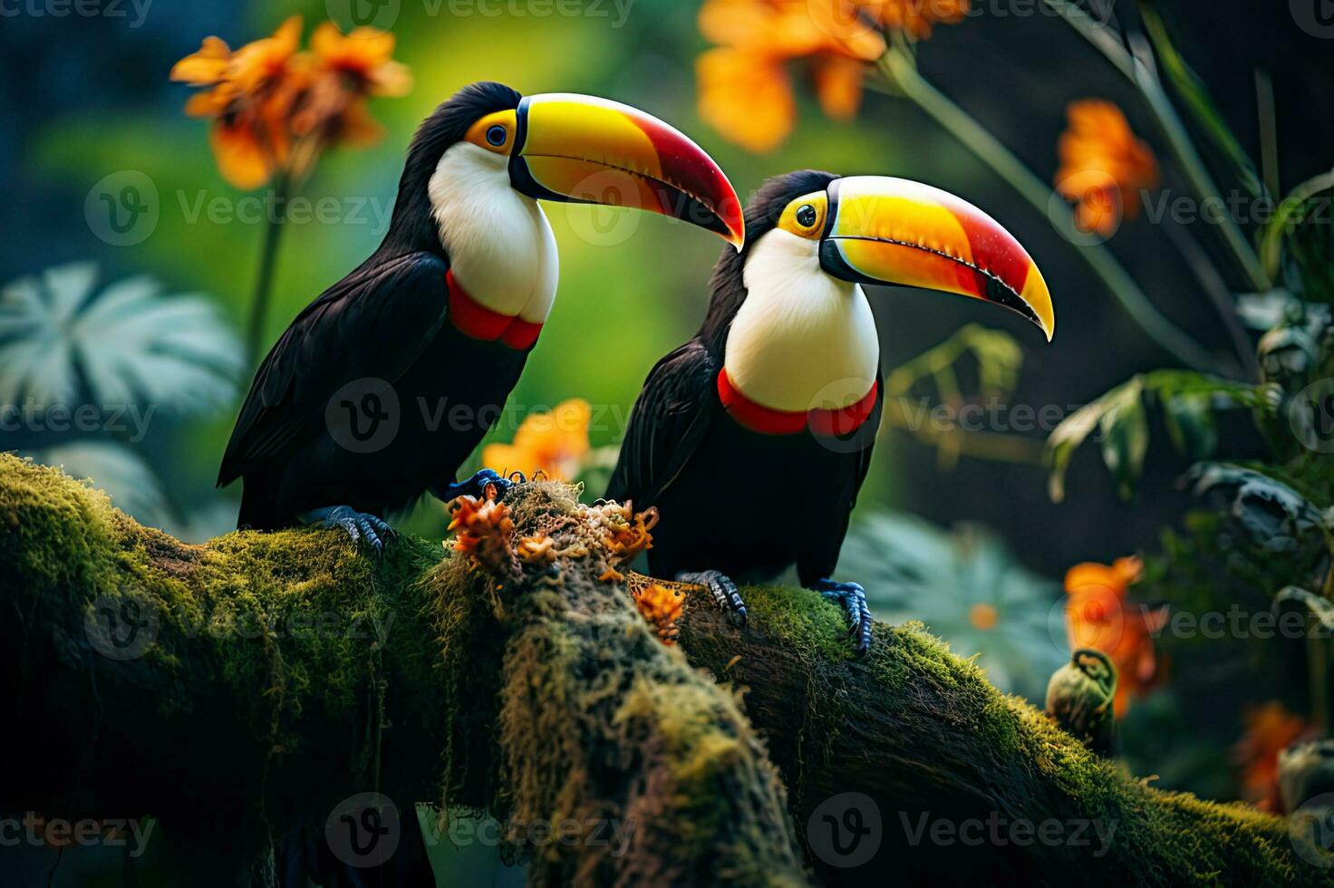 Colorful Toucans in Fresh Green Forest Generative AI photo