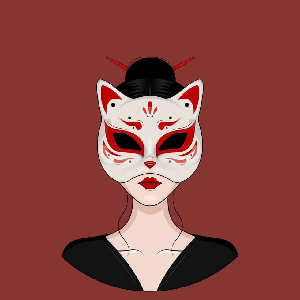 Girl Wearing A Japanese Kitsune Fox Mask vector