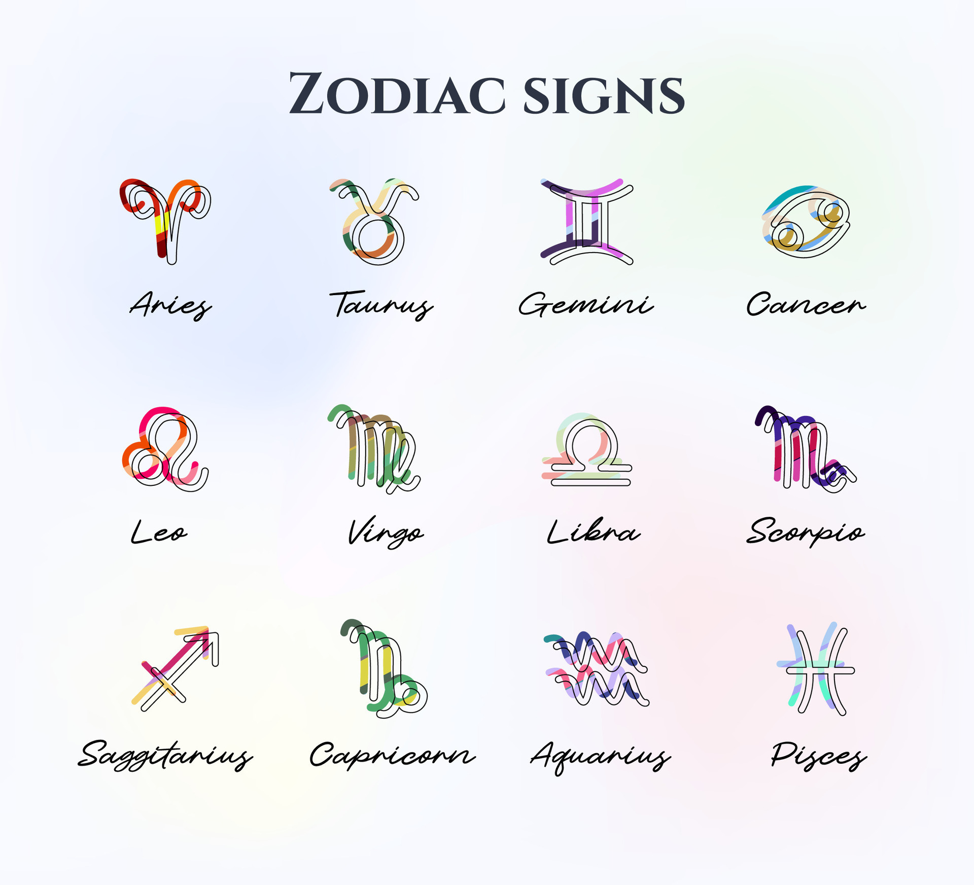 Vector simple style illustration set, colorful Astrological signs with