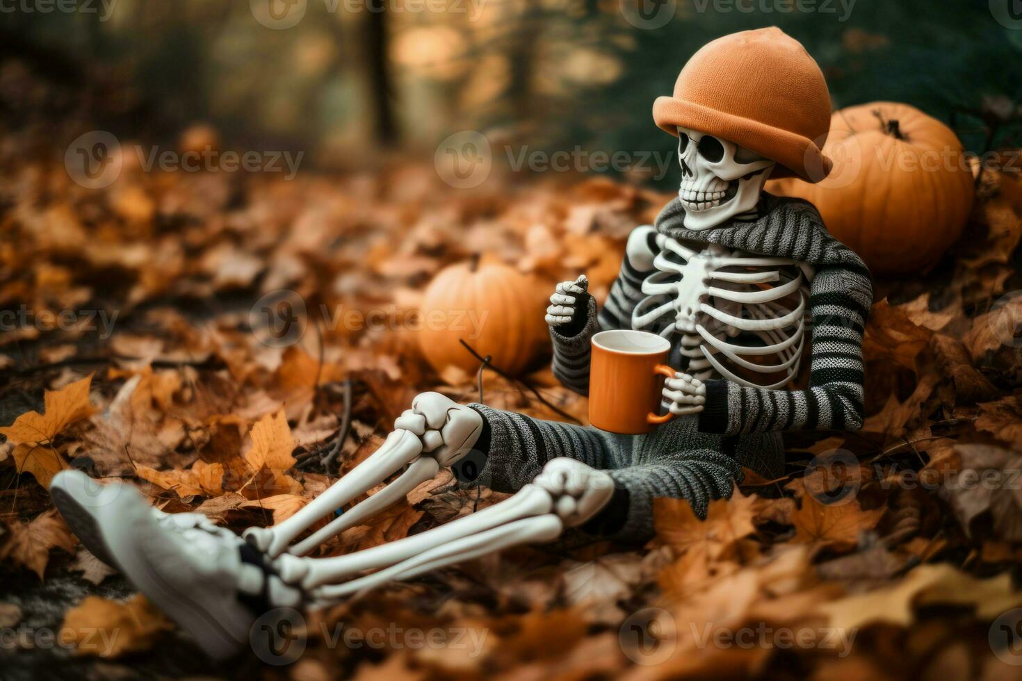 Skeleton drinks on leaves autumn. Generate Ai photo