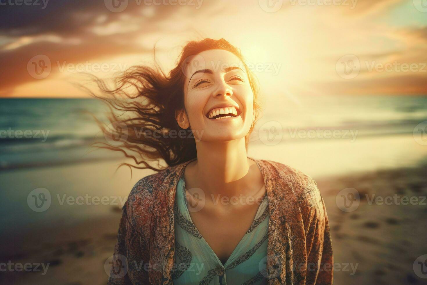 Smiling free woman beach. Generate AI photo