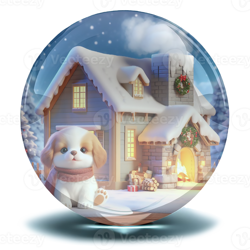 Sparkling crystal snowball with a warmest house and a puppy png