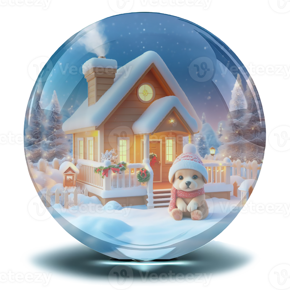 Sparkling crystal snowball with a warmest house and a puppy png