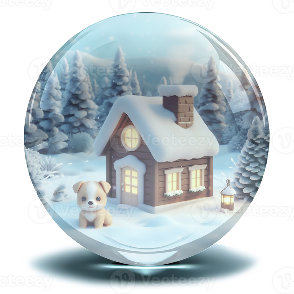 Sparkling crystal snowball with a warmest house and a puppy png