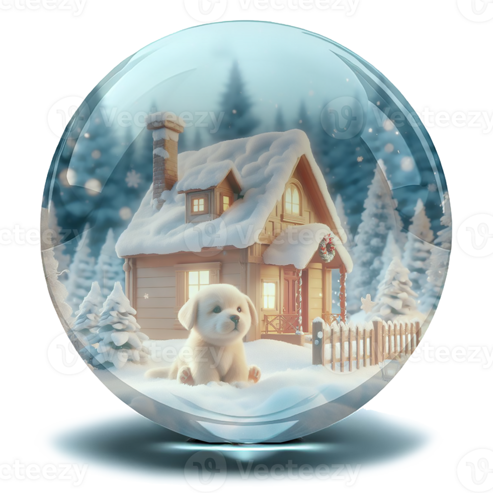 Sparkling crystal snowball with a warmest house and a puppy png