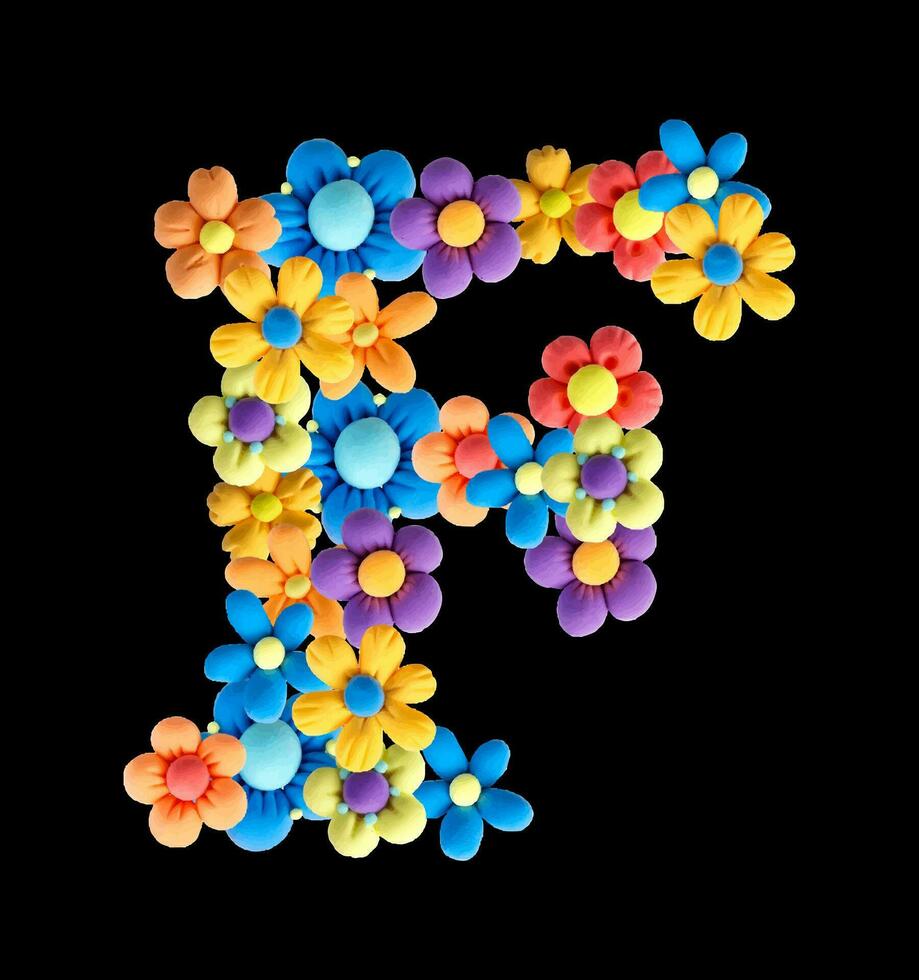 Vector element is a letter. Floral letter made of plasticine, airy design in pastel shades. Alphabetic letter F, Classic font