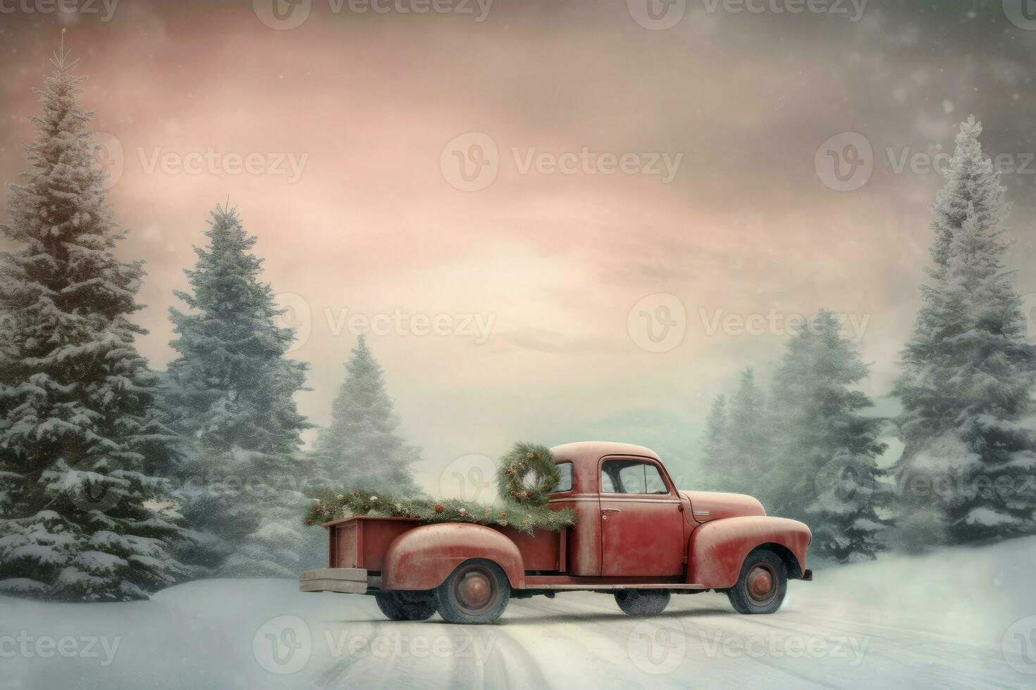 Red Christmas truck postcard. Generate Ai photo