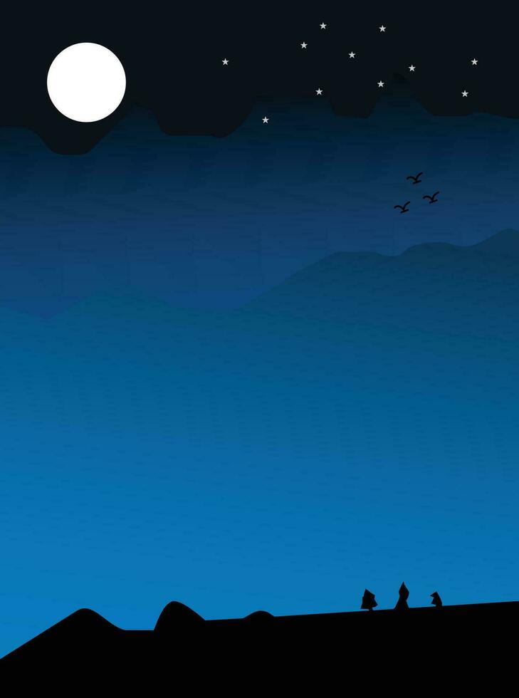 View of the night sky on a dim and beautiful hill. Accompanied by silhouettes of birds on the hill at night and shining moonlight, vector illustration.