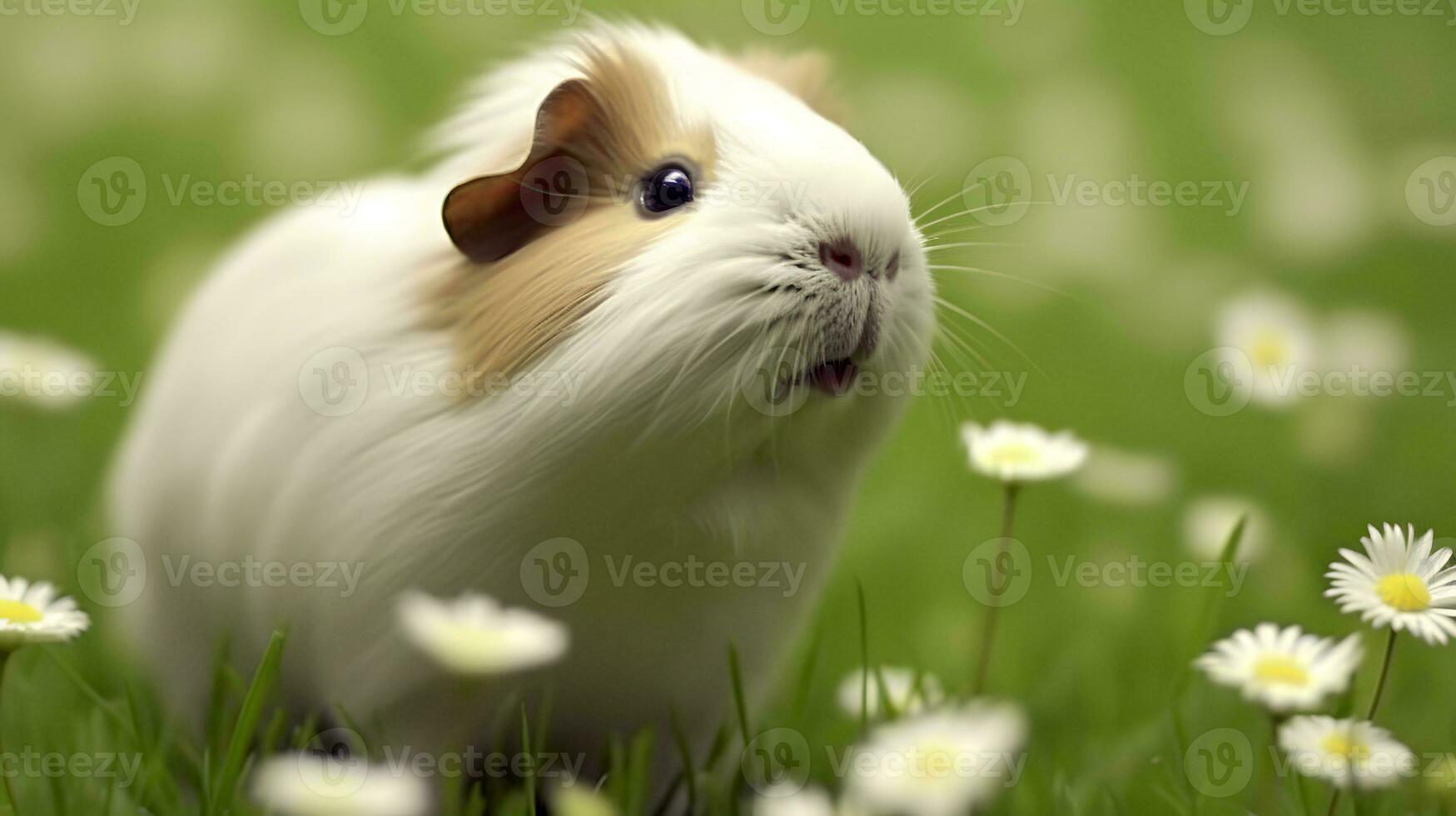 Cute guinea pig with small white flowers. AI generated photo