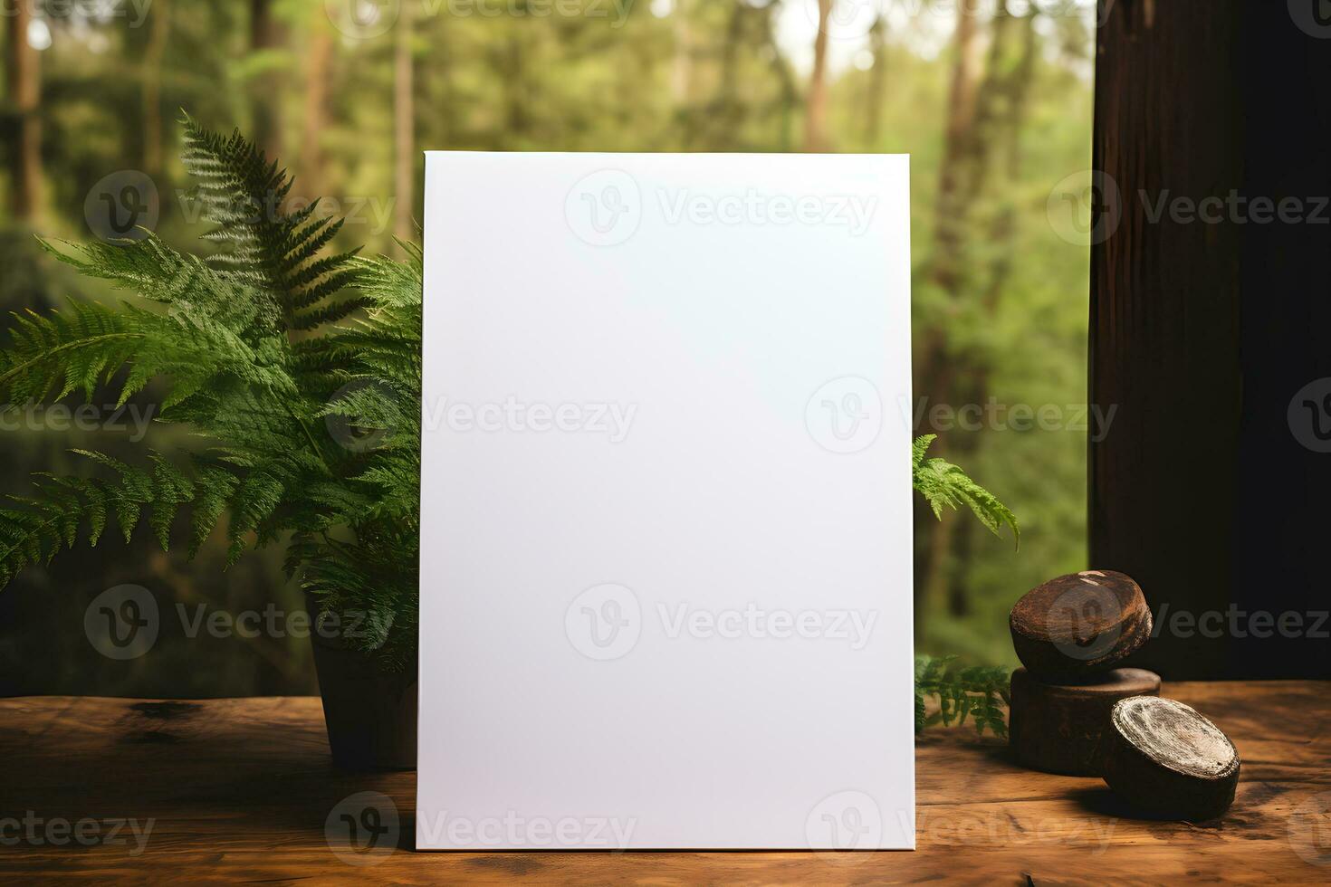 Portrait Paper on Wooden Table Mockup with Green Plant Decoration, ai generated photo
