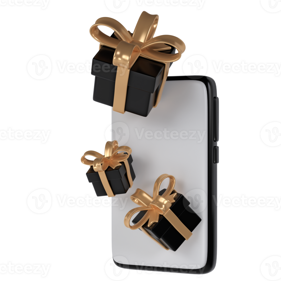 3d black Friday gift boxes icon with golden ribbon bow from smartphone. Render Shop Sale modern holiday. Realistic icon for present shopping banner or poster png