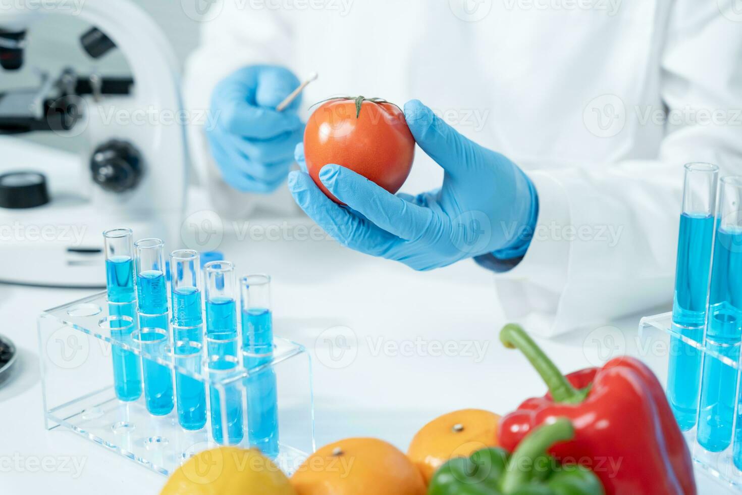 Scientist check chemical food residues in laboratory. Control experts inspect quality of fruits, vegetables. lab, hazards, ROHs, find prohibited substances, contaminate, Microscope, Microbiologist photo