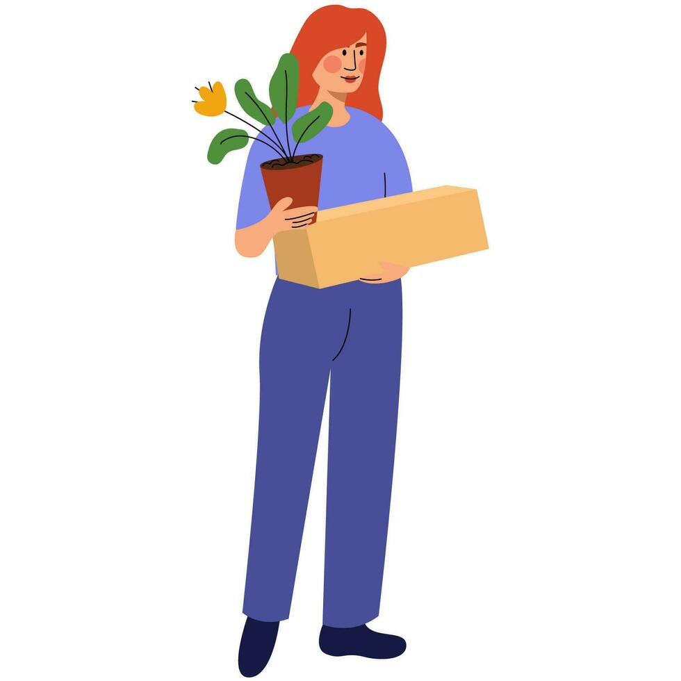 Woman holding box and plants  in hands, moving to office, changing housing or buying new apartment . vector