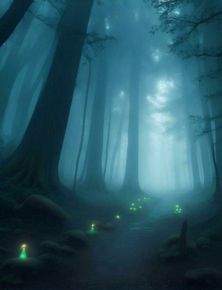 A mysterious, fog-shrouded forest with ancient trees and eerie, glowing mushrooms. photo