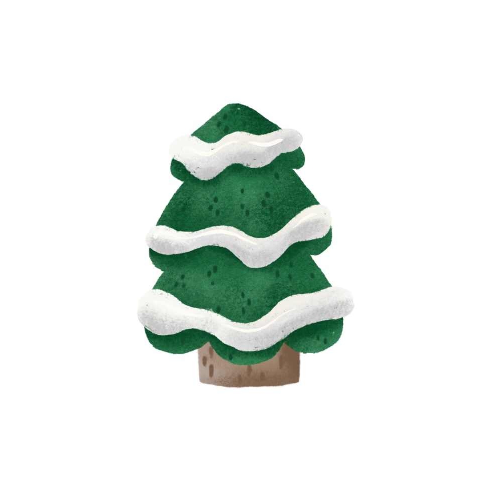 tall träd illustration. grön jul träd, eve med snö på grenar, söt barnslig hand målad illustration. isolerat ClipArt, element. png