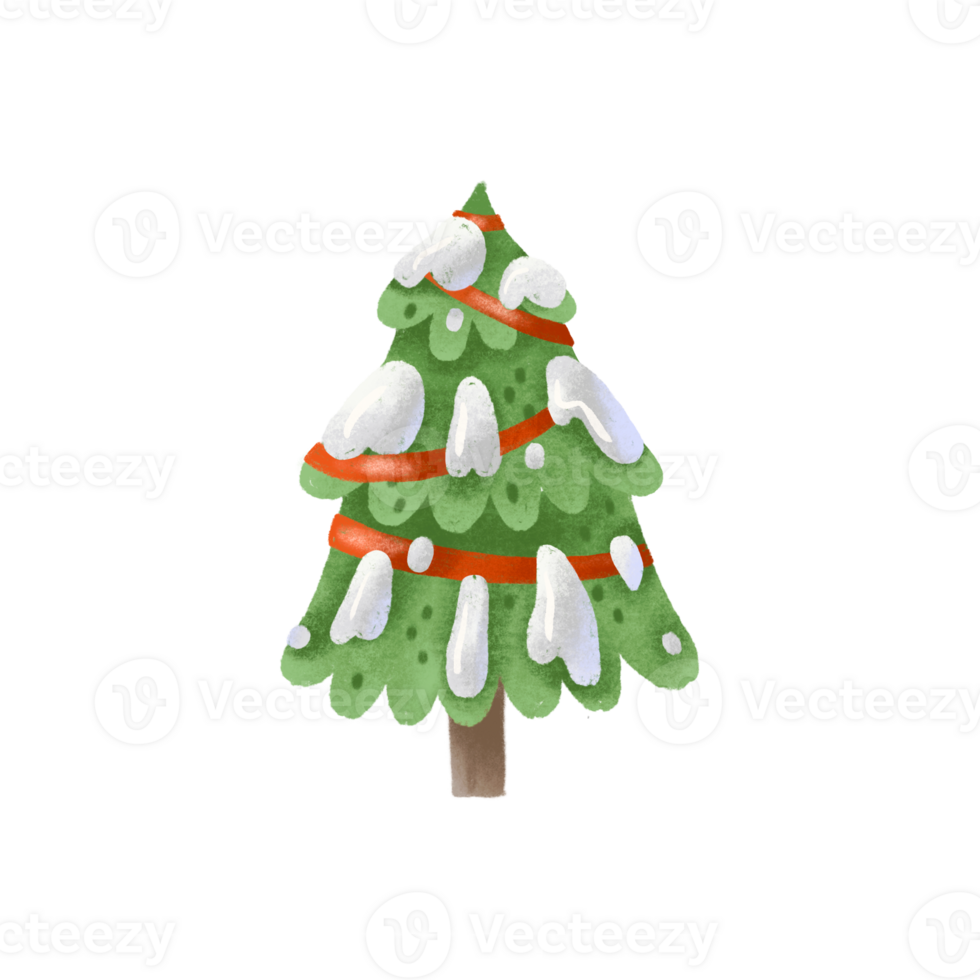 Pine tree with garland, lights illustration. Green christmas tree, eve with snow on branches, cute childish hand painted illustration. Isolated clipart, element. Holiday celebrating png