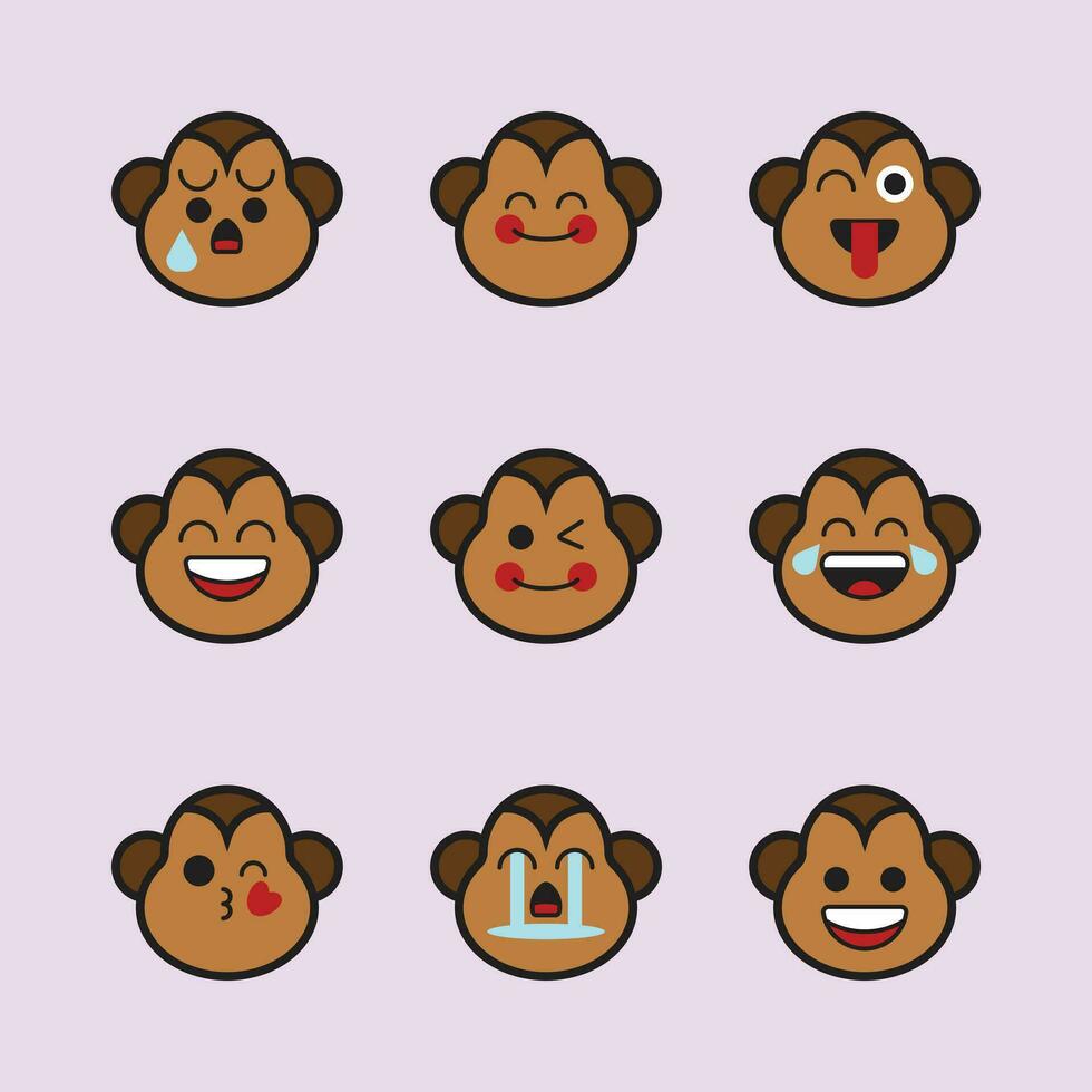 Monkey cartoon character with various expressions icon set. vector