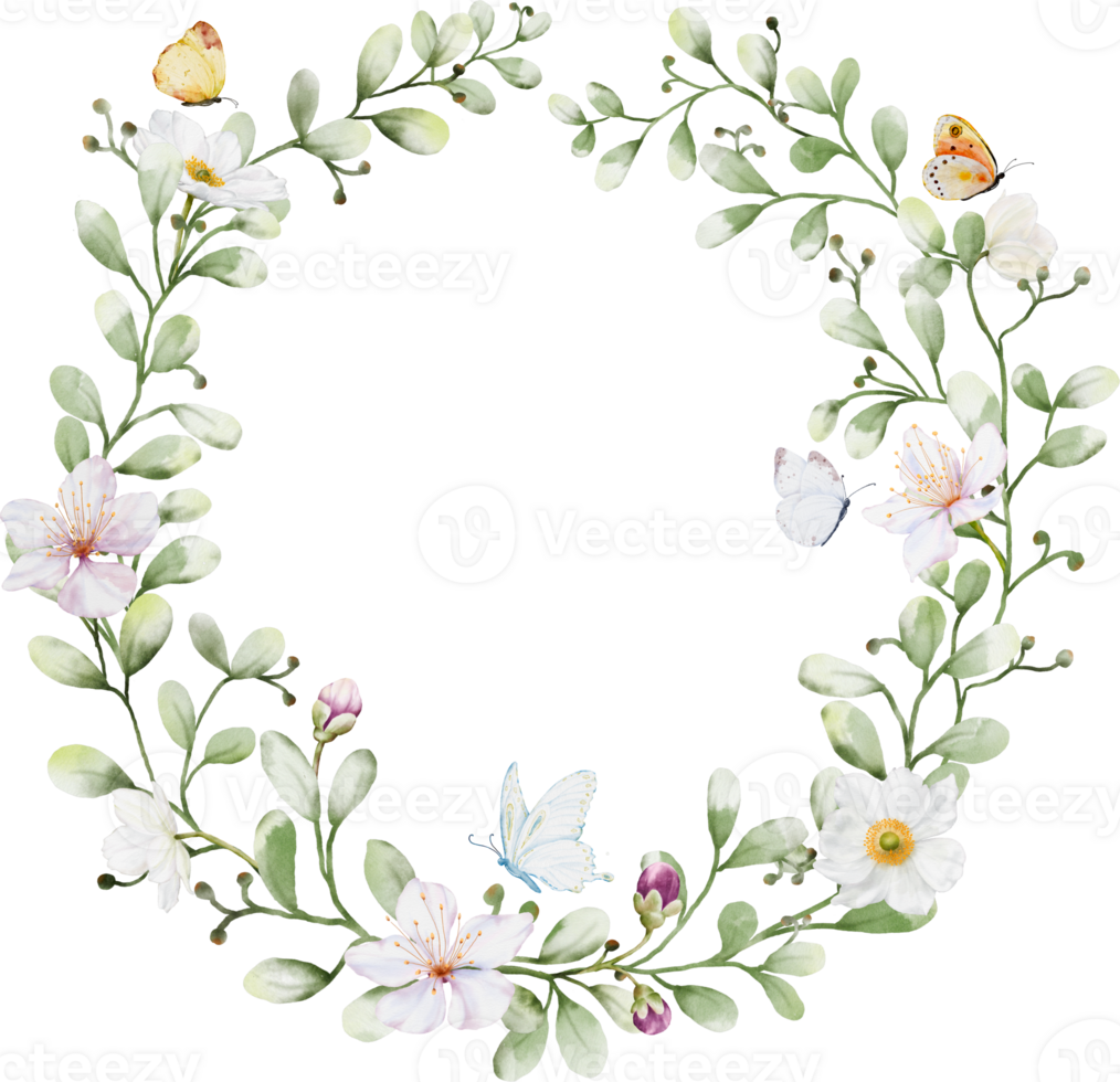 Watercolor wreath with flowers leaves and butterflies png