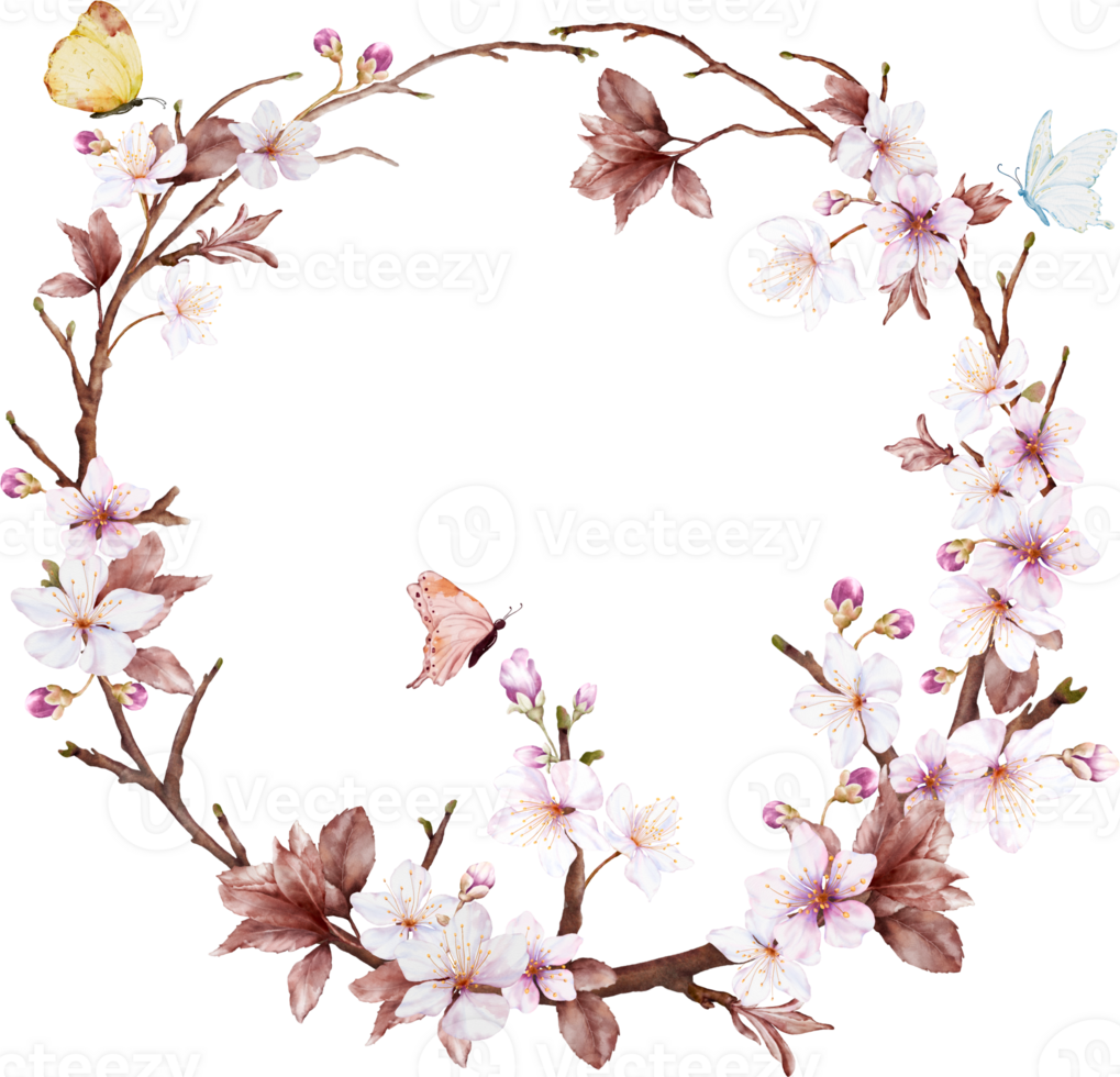 Watercolor cherry blossom wreath and butterflies png