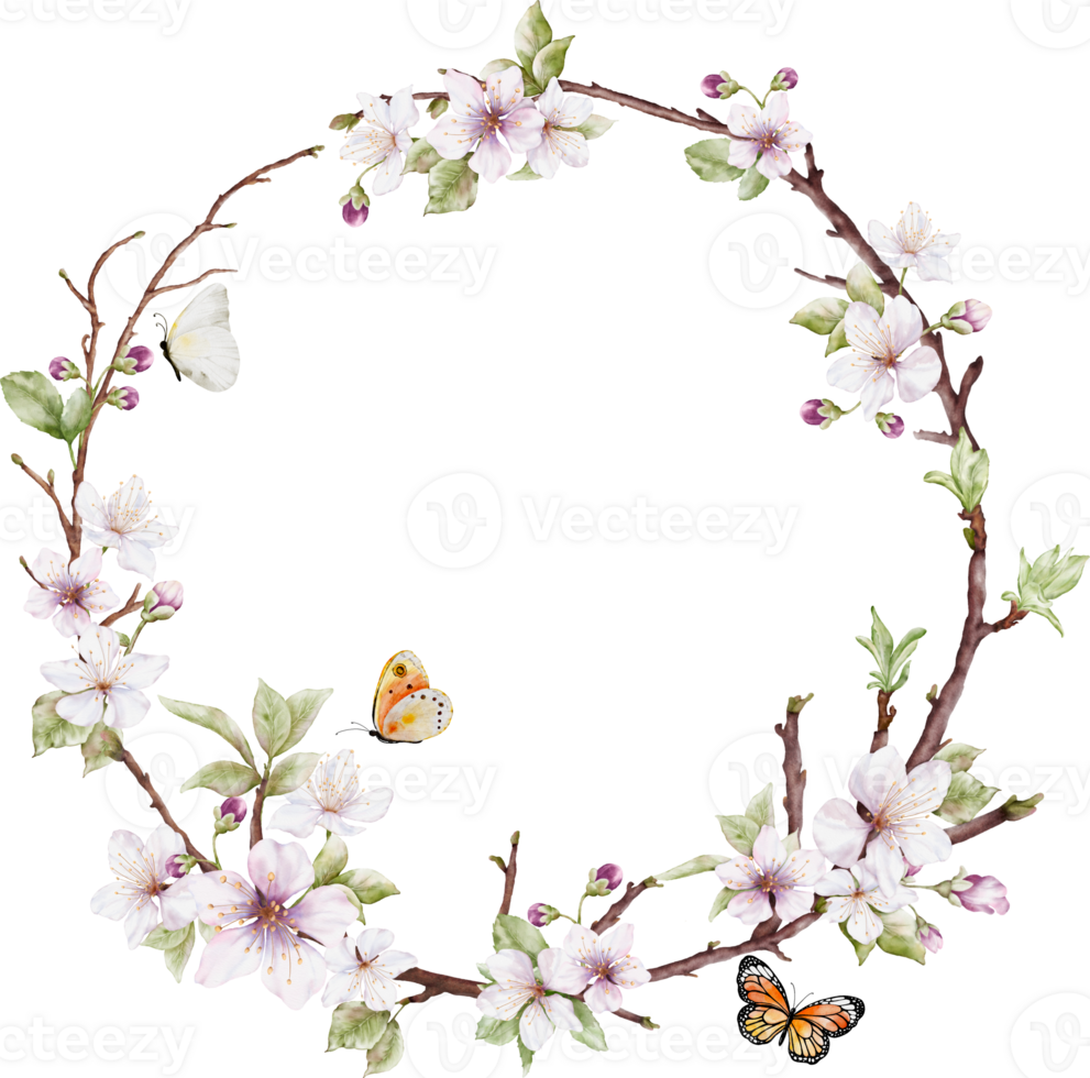 Watercolor cherry blossom wreath and butterflies png