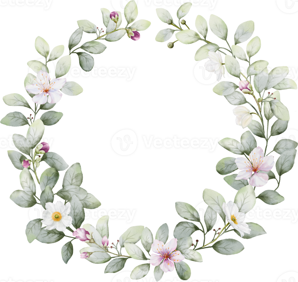 Watercolor wreath with flowers and leaves png