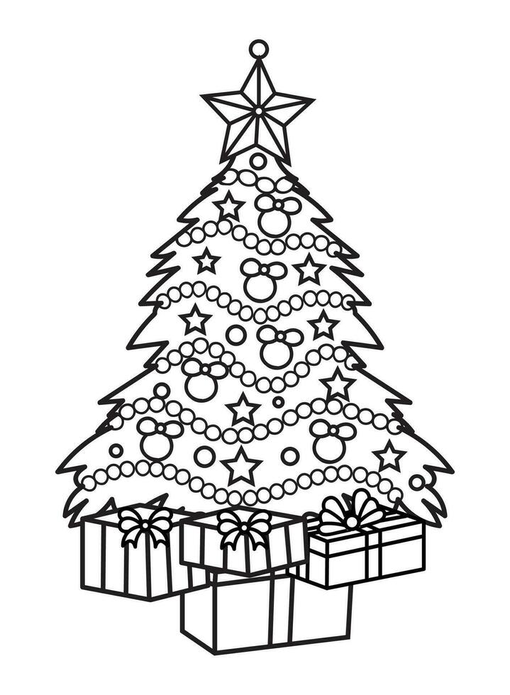 Christmas tree with gifts. Black and white vector illustration for coloring book