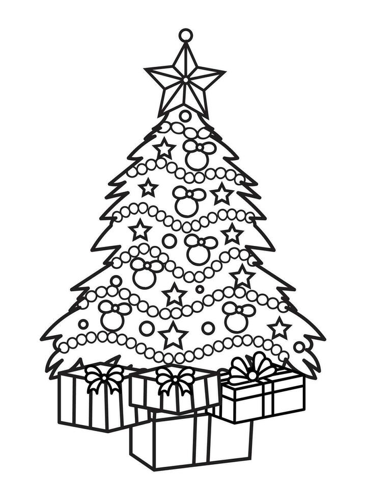 Navidad árbol con regalos. negro y blanco vector ilustración para colorante libro