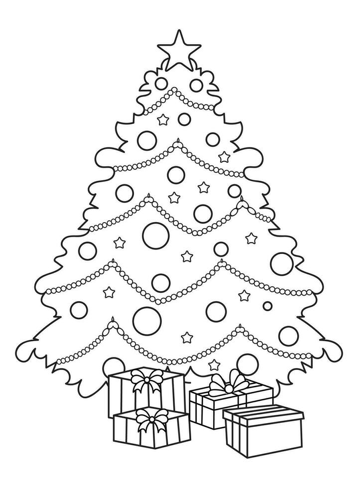Christmas tree with gifts. Black and white vector illustration for coloring book