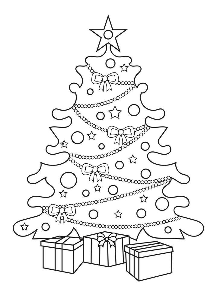 Christmas tree with gifts. Black and white vector illustration for coloring book