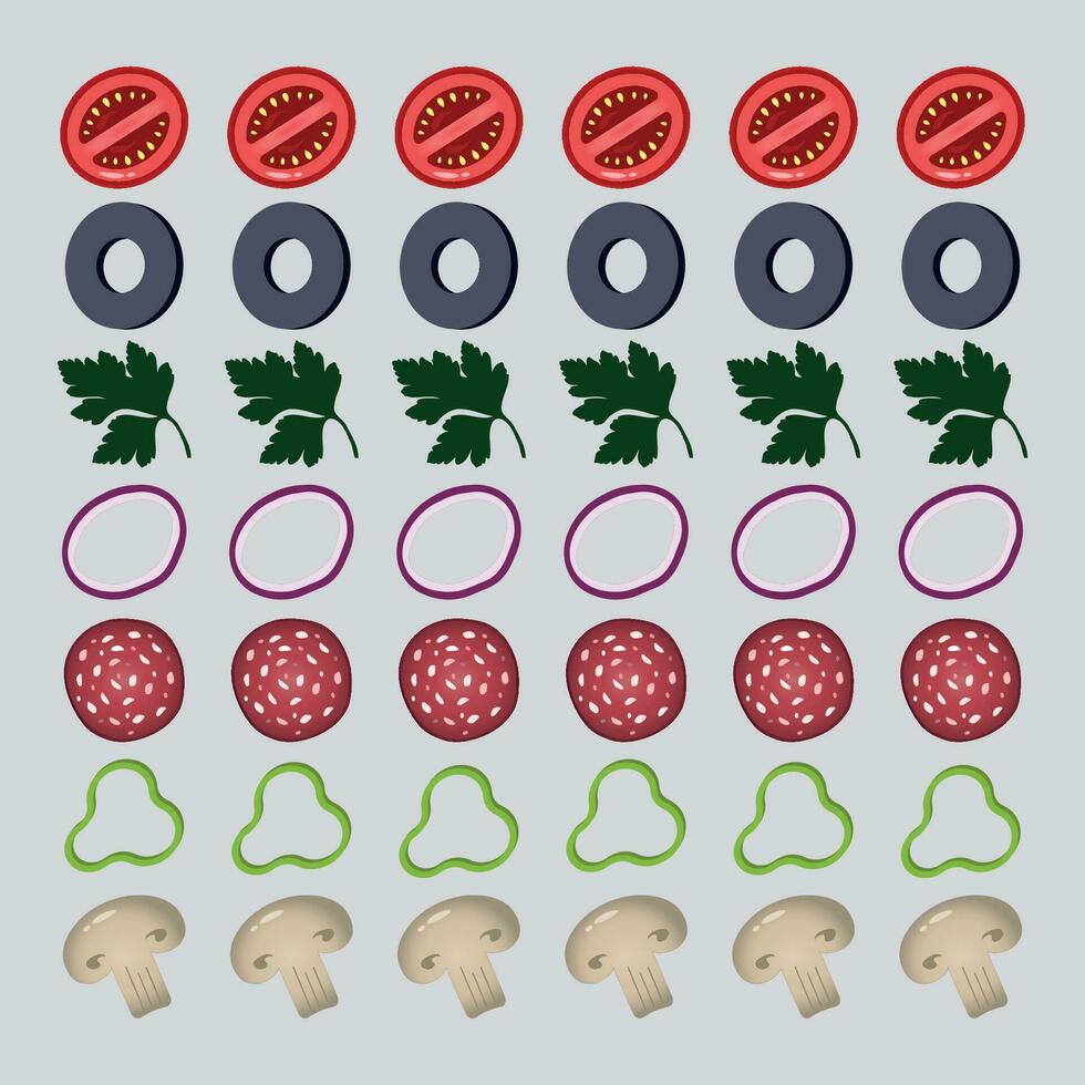 Pizza ingredients with pepperoni, mushrooms, tomatoes, parsley, onions, olives. vector