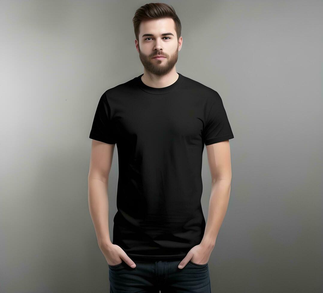 Young man wearing blank black t shirt mockup print presentation mockup ai generate photo