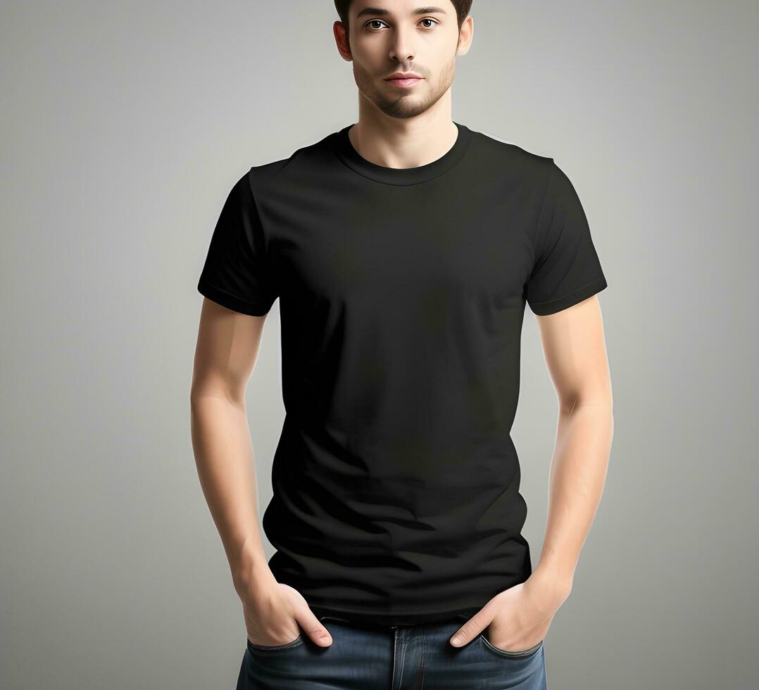 Young man wearing blank black t shirt mockup print presentation mockup ai generate photo