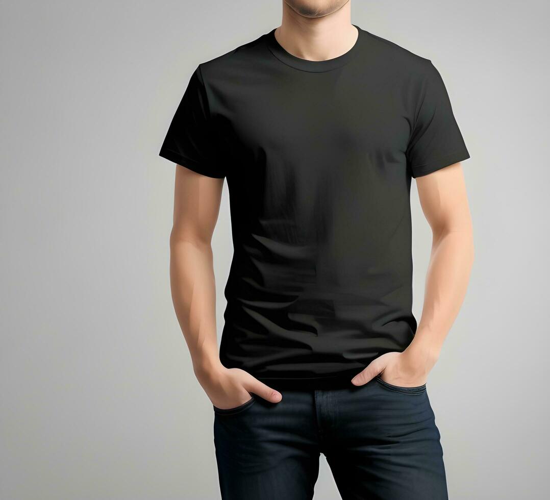 Young man wearing blank black t shirt mockup print presentation mockup ai generate photo