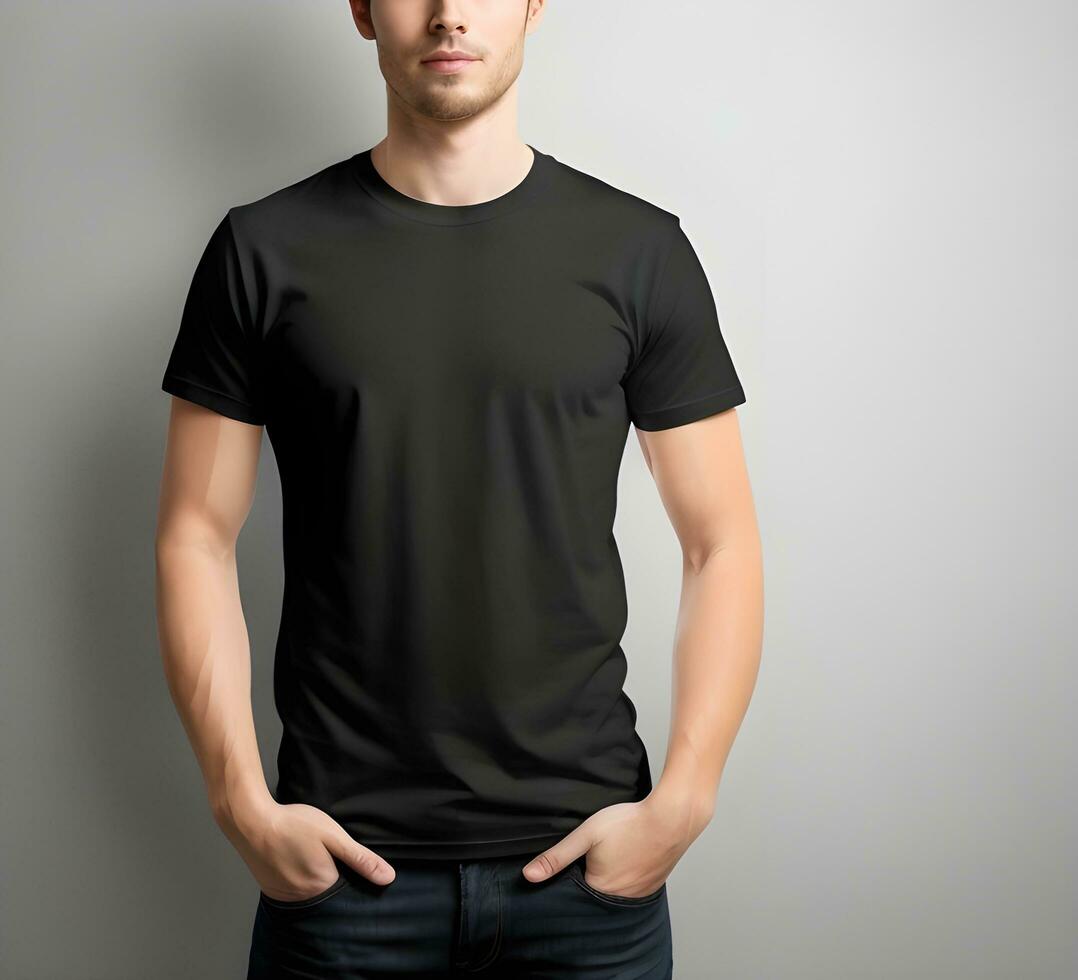 Young man wearing blank black t shirt mockup print presentation mockup ai generate photo