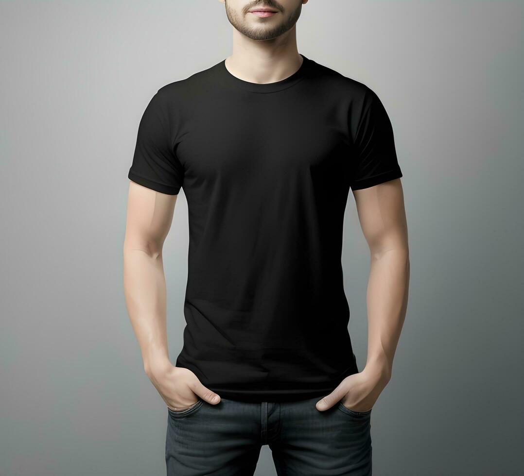 Young man wearing blank black t shirt mockup print presentation mockup ai generate photo