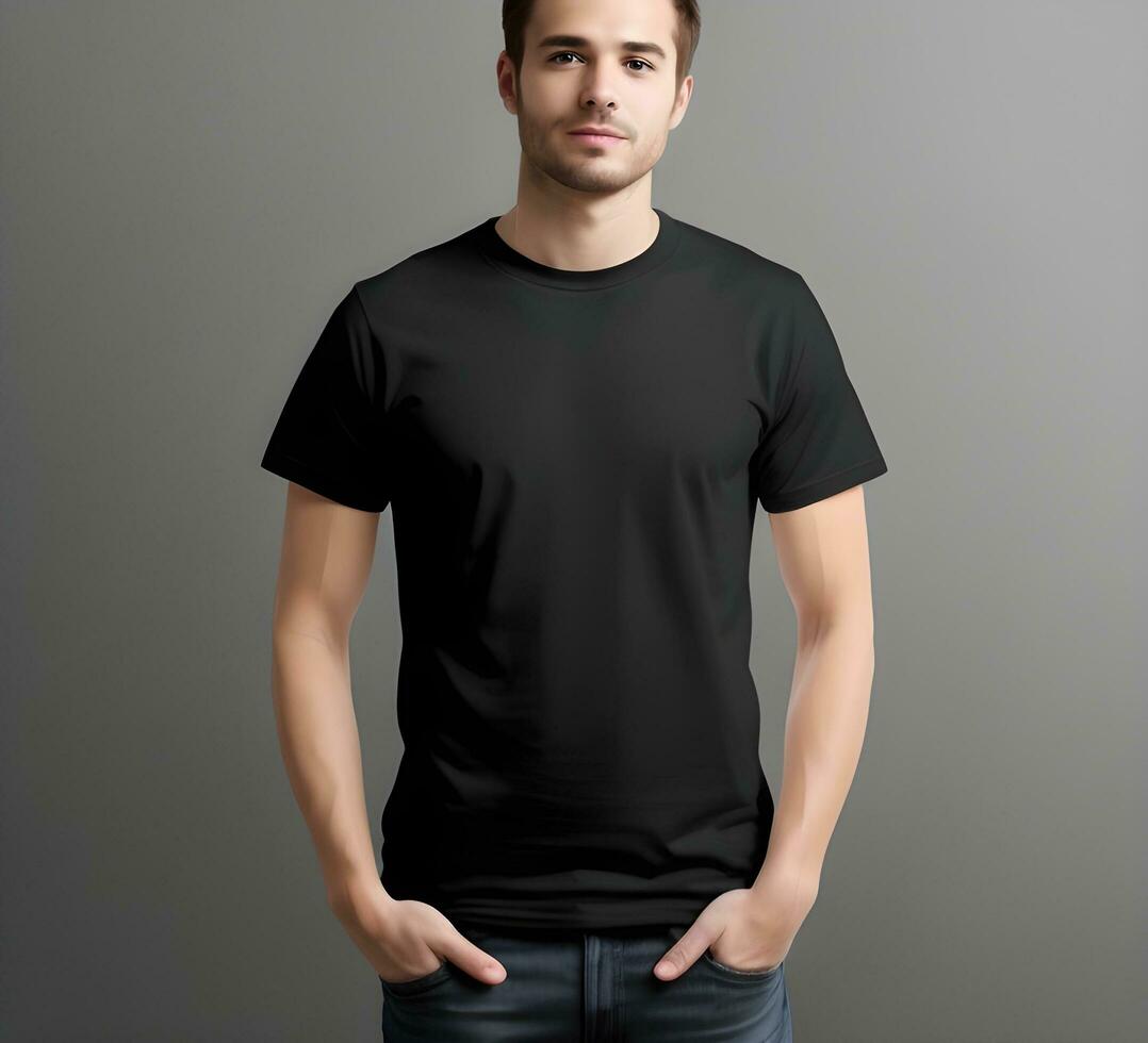 Young man wearing blank black t shirt mockup print presentation mockup ai generate photo