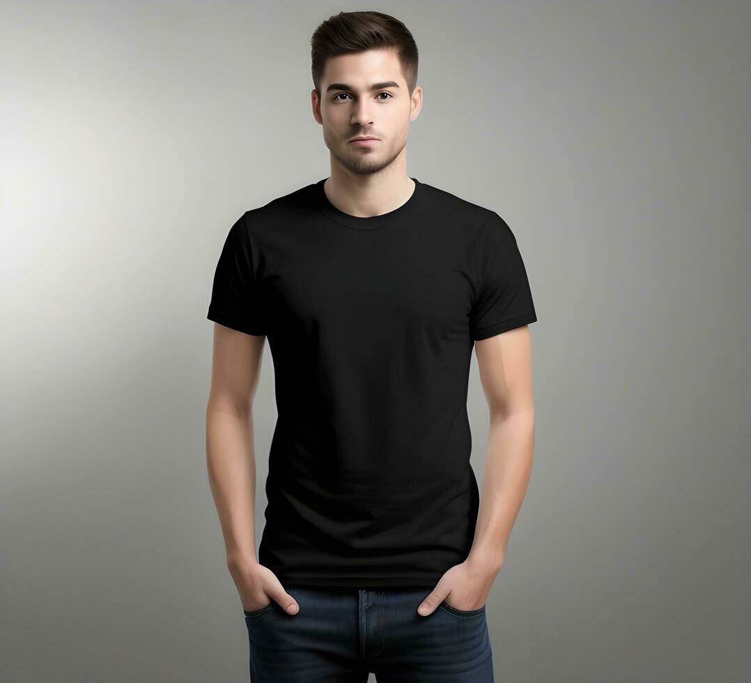 Young man wearing blank black t shirt mockup print presentation mockup ai generate photo