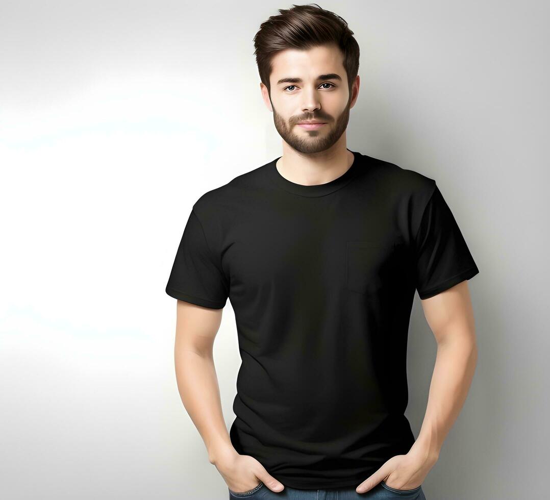 Young man wearing blank black t shirt mockup print presentation mockup ai generate photo