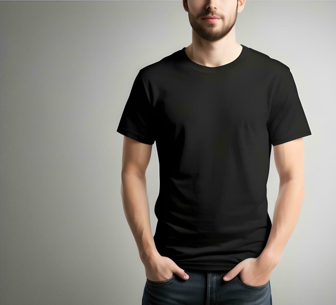 Young man wearing blank black t shirt mockup print presentation mockup ai generate photo