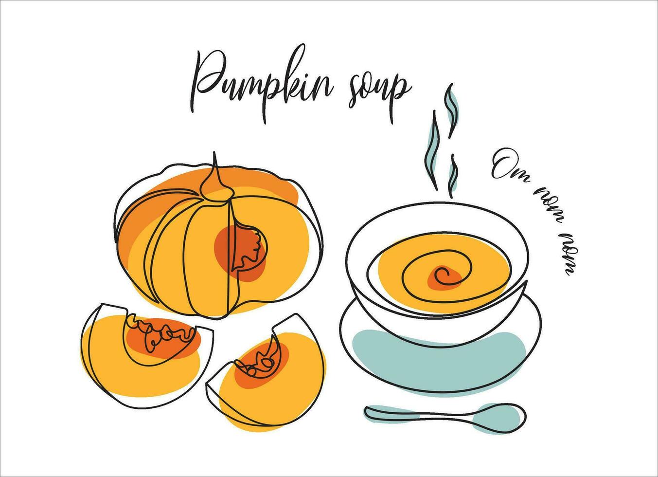 Outline drawing of pumpkin soup. Contour of a pumpkin and a bowl of soup with bright abstract elements. Autumn Thanksgiving food vector illustration. Autumn pumpkin line art. Minimalist art