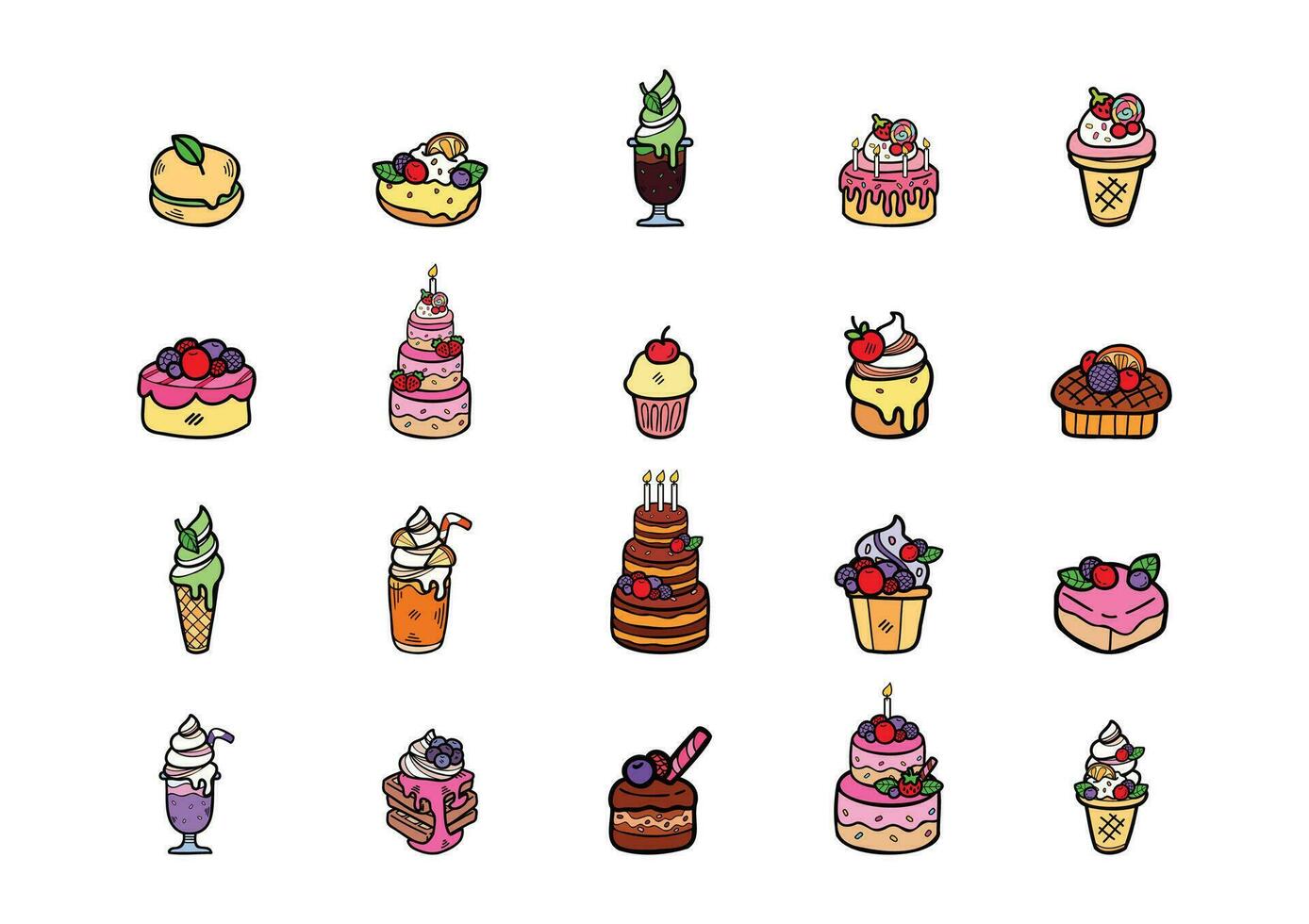 cute items handraw desserts bakery set vector