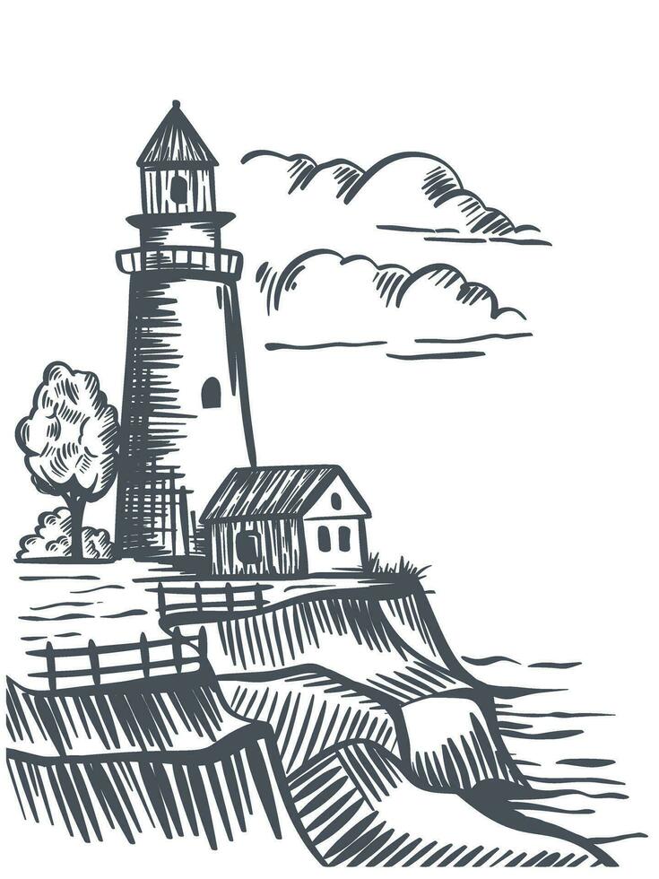 Lighthouse with house on cliff vintage sketch vector