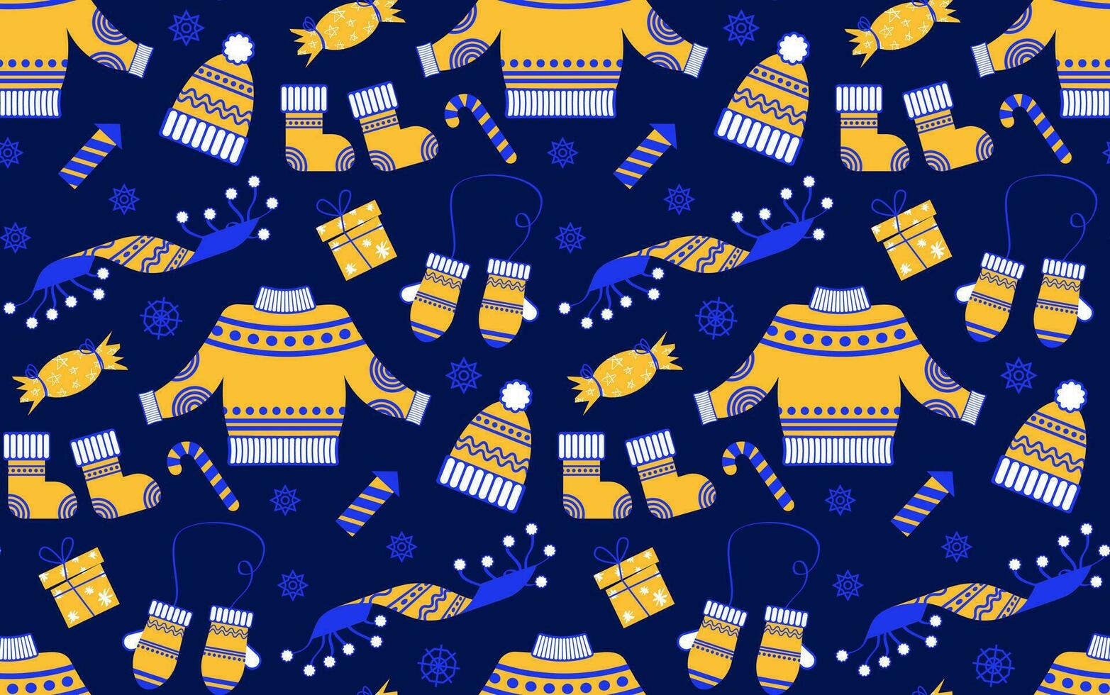 New Year seamless background with winter clothes in flat retro style. Vector pattern with winter accessories.